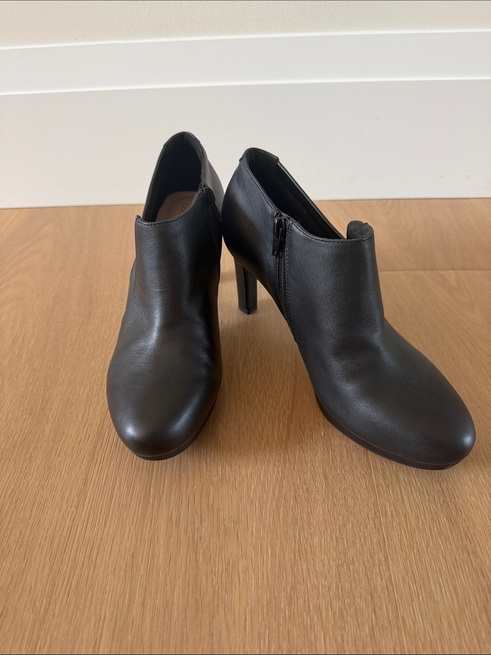 Clarks Black Leather High-Heel Ankle Booties